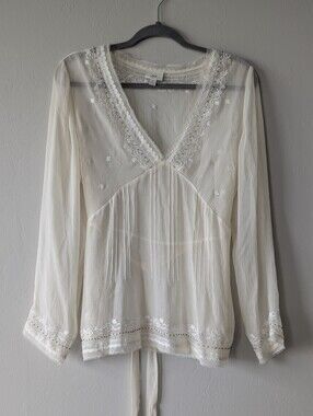 Vintage Y2K J.Jill Silk Boho Top Embroidered Peasant Cottagecore Romantic Size M